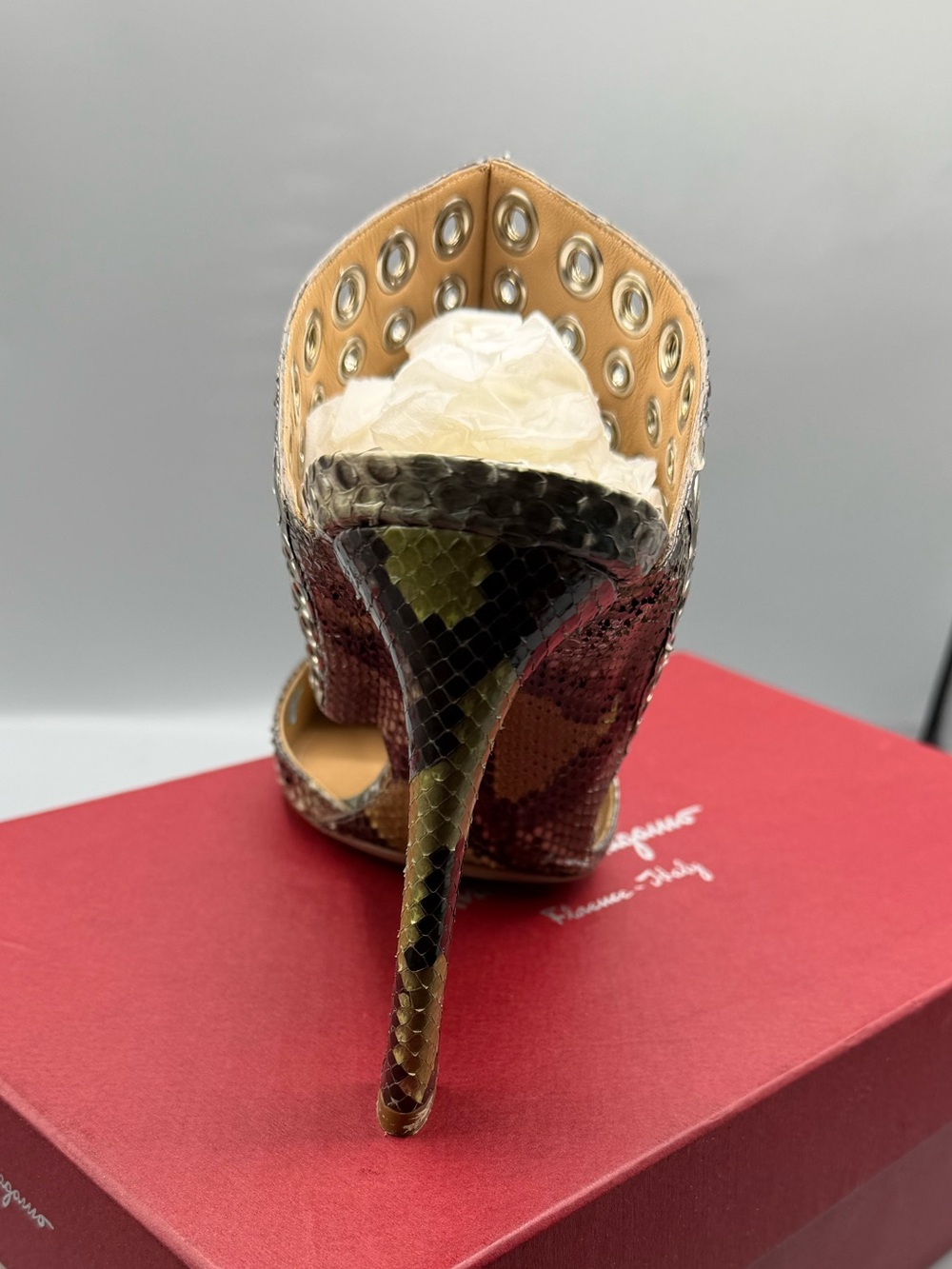 Salvatore Ferragamo Yellow Snake-Skin Studded Pointed Toe Mule - Picture 4 of 4